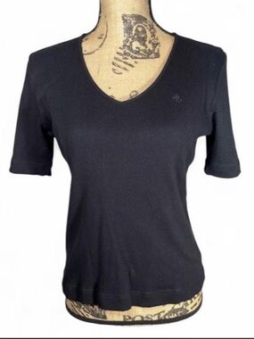 Lauren Ralph Lauren Black Ribbed Cotton V-Neck Short Sleeve Women's Top Size M